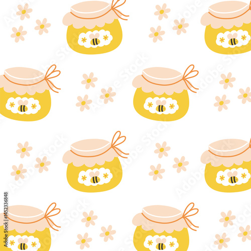 Cute seamless pattern with bees, honey jars and flowers in flat cartoon style. Childrens design for fabric, wallpaper, packaging, cards and wrapping.