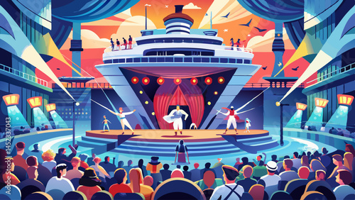 A large crowd of people are watching a performance on a stage. The stage is set up on a cruise ship, and the audience is seated in rows of chairs. The performers are dressed in colorful costumes