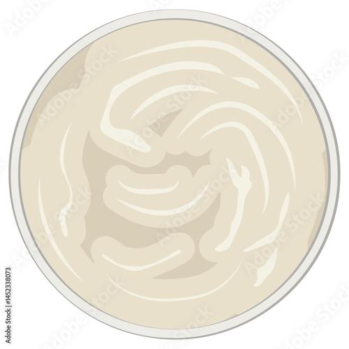 yogurt top view, White bowl with yogurt or cream.