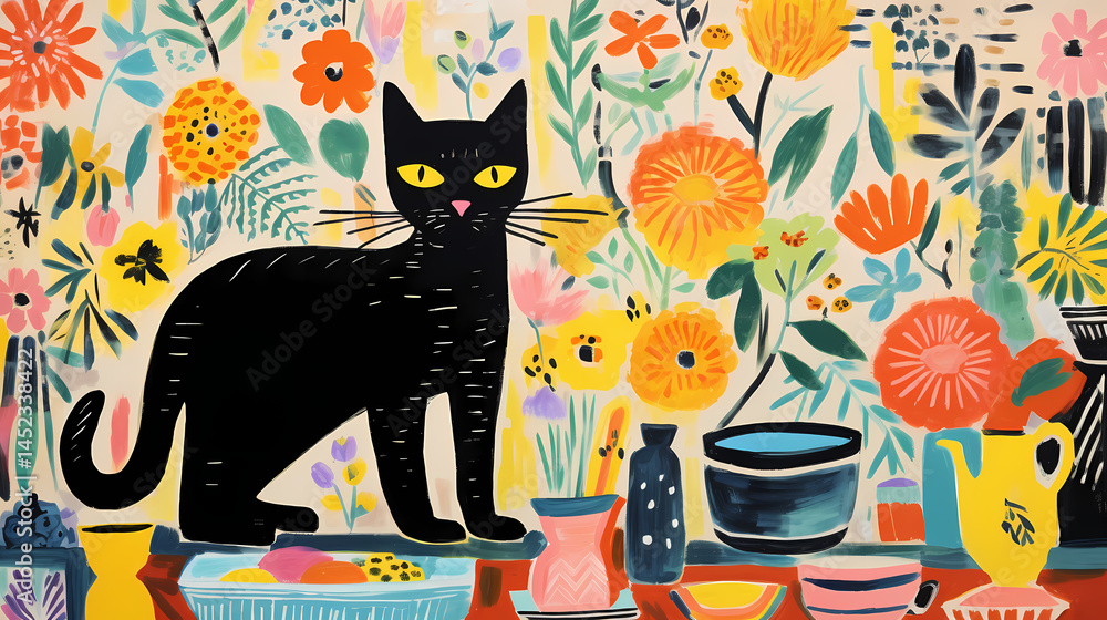 Fototapeta premium pretty illustration of cat bright rustic palette abstract decorative painting