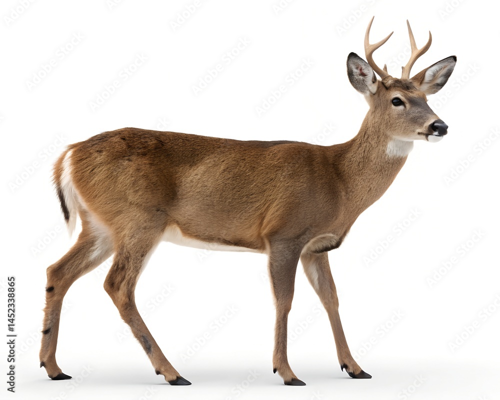 Fototapeta premium A solitary deer, its antlers proudly displayed, stands gracefully against a neutral backdrop, presenting a symbol of wilderness and natural beauty.