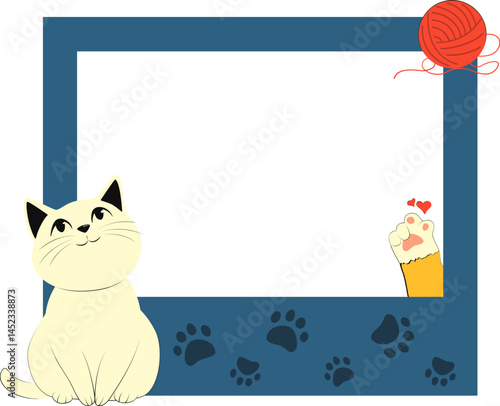 Cute cat photo frame. Adorable cat, paws, pet theme polaroid frame illustration.