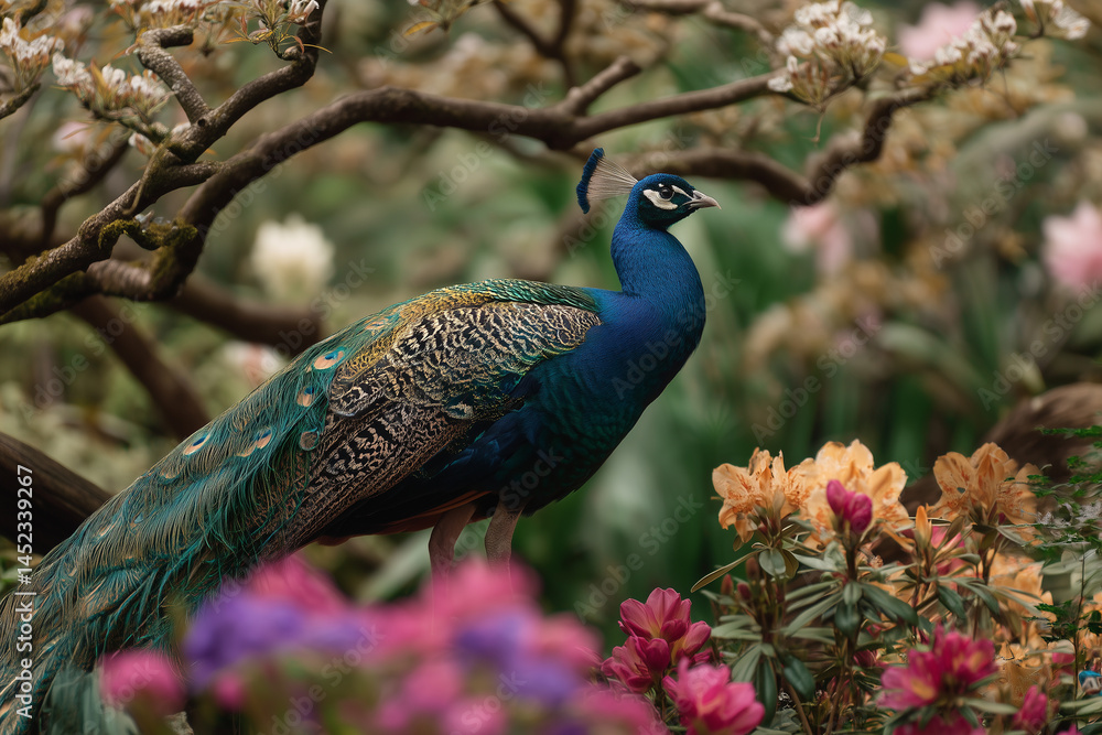 Majestic Peacock Amidst Vibrant Spring Blooms Majestic Peacock Amidst Vibrant Spring Blooms