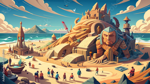 A painting of a beach with a large statue of a man in the middle. The painting is full of people and buildings, giving the impression of a bustling city