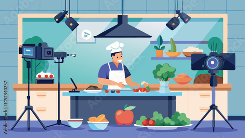 A man and a boy are in a kitchen, with a camera recording them. The man is a chef, and the boy is a cameraman. The kitchen is well-equipped with various appliances and utensils, including a microwave