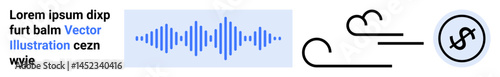 Soundwave pattern next to dollar symbol surrounded by wind motion lines. Ideal for finance, sound technology, business, economy, energy, creativity, and simple landing page