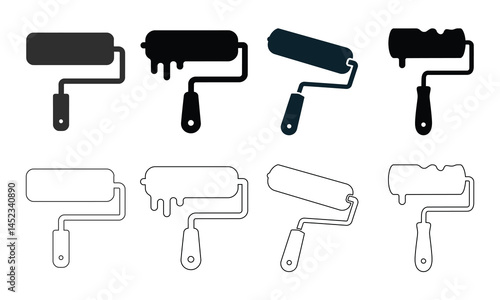 A set of paint brushes and A black Paint roller vector and  illustration icon set of household tools 