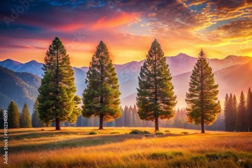 Majestic Mountain Valley: Row of Trees with Bokeh Background
