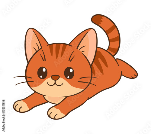 Cute orange tabby kitten is lying on his belly. Chibi ginger Cat. Flat style, clean, simple, adorable feline graphic. Perfect for children’s content, greeting cards, stickers, or tshirts, mug, poster