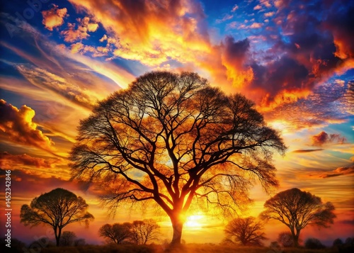 Majestic Sunset Trees: Double Exposure Photography - Serene Nature Scene