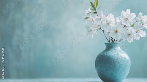 Spring blossoms in vase, teal background, serenity