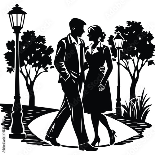 Silhouette Illustration of a Romantic Couple Walking in a Park at Night
