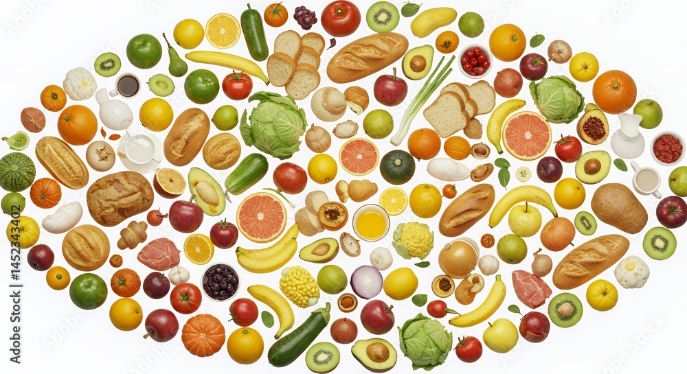 Vibrant Circular Mosaic of Fresh Fruits Vegetables Bread and Breakfast Foods Showcasing Dynamic Textures and Colors Under Bright Studio Lighting Flat Lay Vibrant Circular Mosaic of Fresh Fruits Vegetables Bread and Breakfast Foods Showcasing Dynamic Textures and Colors Under Bright Studio Lighting Flat Lay