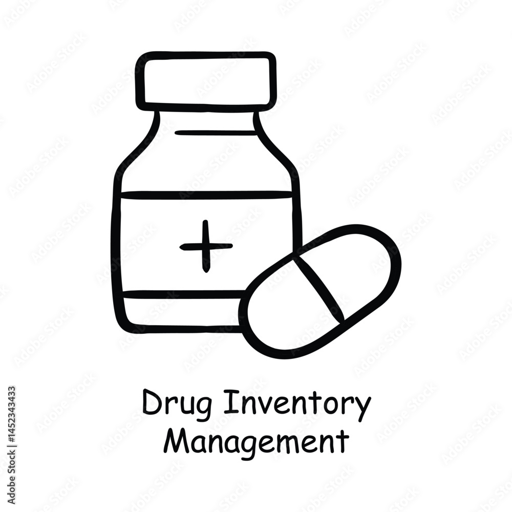 Obraz premium Vector icon for pharmaceutical inventory. Hand-sketched medicine bottle and tablet representing efficient drug supply management.