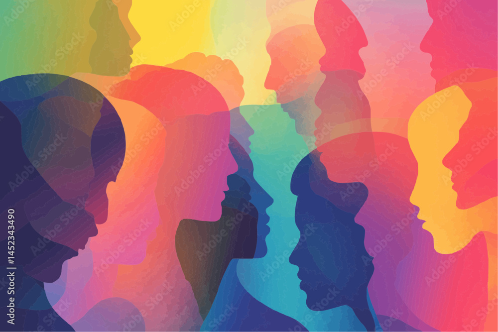 Stylized silhouettes with transparent rainbow overlays. Symbol of unity and diversity. Excellent for campaign graphics and pride visuals Stylized silhouettes with transparent rainbow overlays. Symbol of unity and diversity. Excellent for campaign graphics and pride visuals