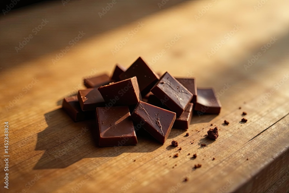 A delectable pile of dark chocolate squares rests on a rustic wooden surface, bathed in warm sunlight, creating a moment of pure indulgence and simple pleasure. A delectable pile of dark chocolate squares rests on a rustic wooden surface, bathed in warm sunlight, creating a moment of pure indulgence and simple pleasure.