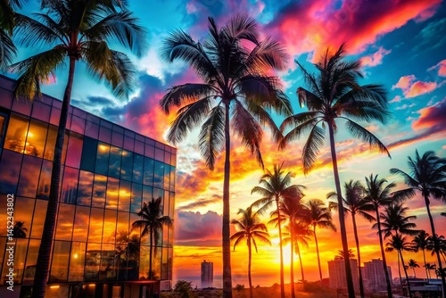 Miami Sunset Hotel Art: Double Exposure Palm Trees & Vibrant Colors