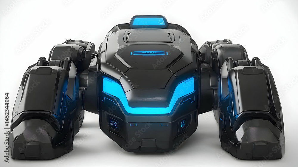 Naklejka premium Futuristic, black robot vehicle with glowing blue accents. Robust chassis, armored design. Advanced technology suggested