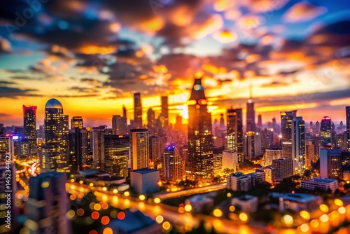 Miniature City Skyline Sunset, Tilt-Shift Bokeh, Glowing Urban Landscape
