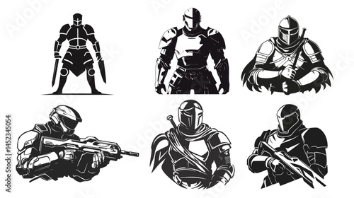 Black and white illustration of a modern combat warrior in action, showcasing strength, precision, and tactical gear in a clean, bold vector style.