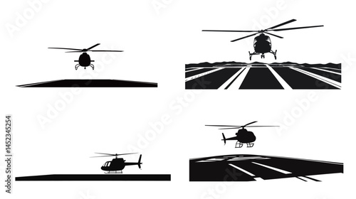 Black silhouette of a helicopter taking off with spinning rotor blades, dynamic lift motion, aviation concept, isolated vector icon with minimal style for transportation and military themes.