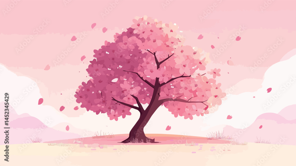 Close-up of blooming cherry blossom tree branch with delicate pink sakura flowers in full spring bloom — vector illustration of seasonal Japanese floral nature, soft petals, and tranquil atmosphere.