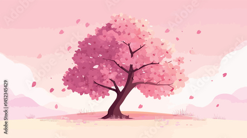 Close-up of blooming cherry blossom tree branch with delicate pink sakura flowers in full spring bloom — vector illustration of seasonal Japanese floral nature, soft petals, and tranquil atmosphere.