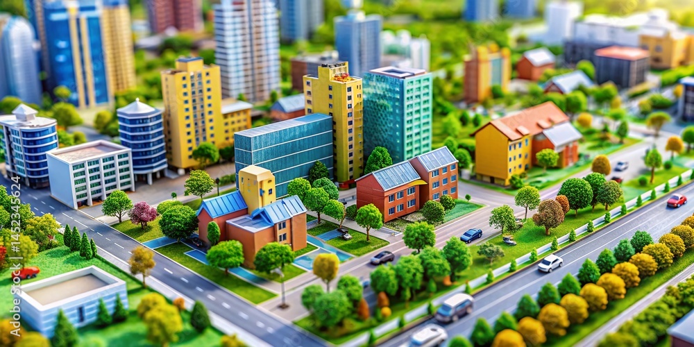 Naklejka premium Miniature Sustainable City: Eco-Friendly Urban Development, Tilt-Shift Photography