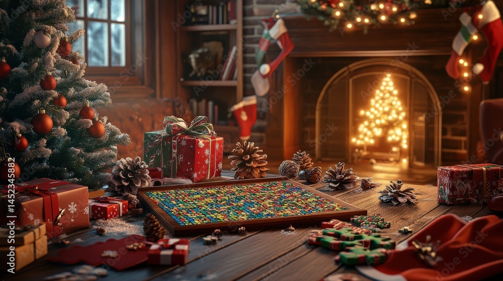 Cozy Christmas scene with a festive jigsaw puzzle. Cozy Christmas scene with a festive jigsaw puzzle.