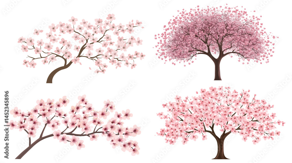Obraz premium Close-up of blooming cherry blossom tree branch with delicate pink sakura flowers in full spring bloom — vector illustration of seasonal Japanese floral nature, soft petals, and tranquil atmosphere.