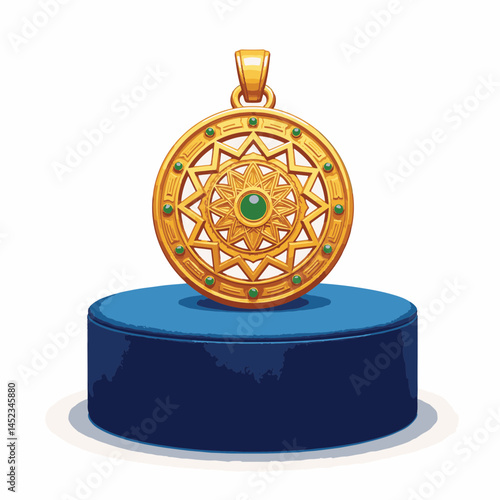Golden amulet resting on blue pedestal, luxury and elegance