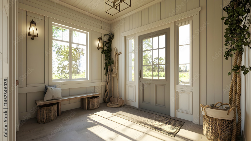 Fototapeta premium Light-filled entryway with wood trim, natural light, and rustic accents. Wooden bench, woven baskets, and greenery create a cozy ambiance