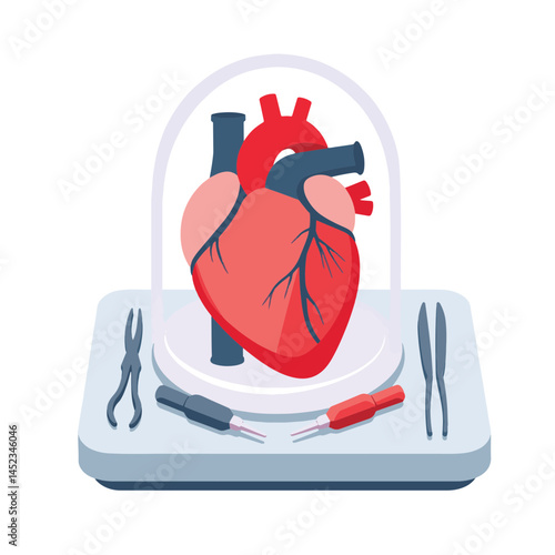 Artificial heart in protective chamber on surgical tray, medical innovation