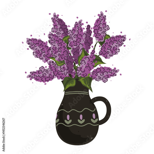 Bunch of lilac brunches in vintage clay jug. Purple lilacs bouquet. Vector isolated illustration