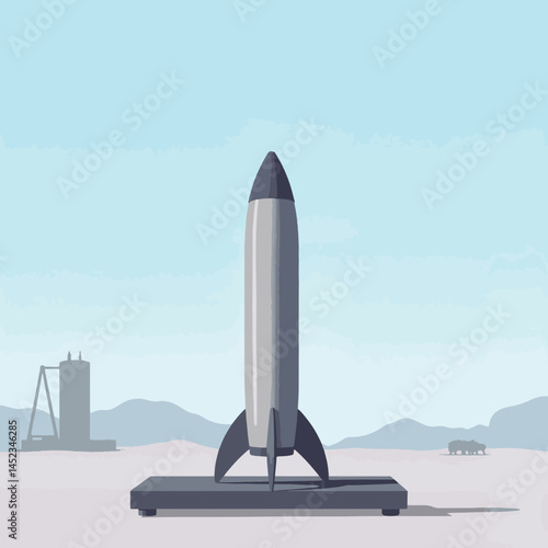 Sleek rocket poised for launch at minimalistic launch site, exploration