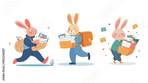 Cute bunny mail carrier with a satchel full of letters — adorable cartoon rabbit delivering mail, postal service animal mascot, cheerful courier character with vintage style and soft pastel colors.