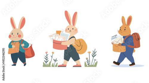 Cute bunny mail carrier with a satchel full of letters — adorable cartoon rabbit delivering mail, postal service animal mascot, cheerful courier character with vintage style and soft pastel colors.