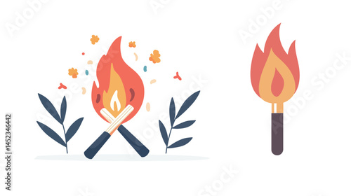 Burning match vector graphic design — isolated flame on wooden matchstick, minimal and clean style illustration, symbol of ignition, spark, energy, danger, start, warmth, and combustion.