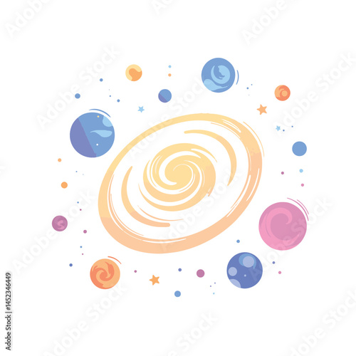 Colorful galaxies in diverse shapes on white background, cosmic beauty