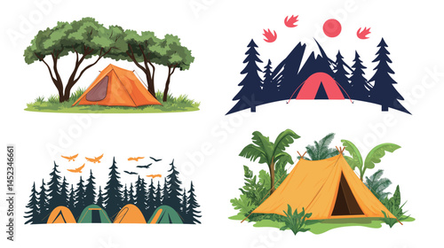 Flat style vector illustration of camping in forest with tent, trees, bonfire, and mountains in background. Outdoor adventure concept for hiking, tourism, summer travel, backpacking, and wilderness 