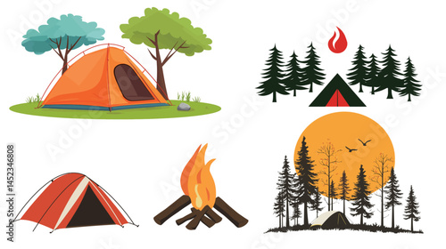 Flat style vector illustration of camping in forest with tent, trees, bonfire, and mountains in background. Outdoor adventure concept for hiking, tourism, summer travel, backpacking, and wilderness 