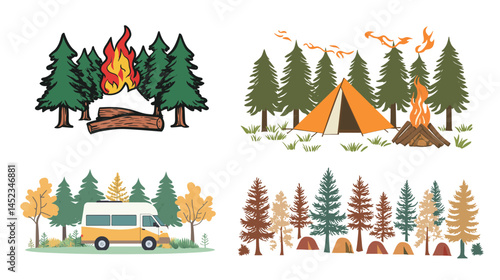 Flat style vector illustration of camping in forest with tent, trees, bonfire, and mountains in background. Outdoor adventure concept for hiking, tourism, summer travel, backpacking, and wilderness 