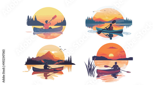 Canoeing on a calm lake at sunset, capturing the serene beauty of the tranquil waters and golden sunset hues, with a lone paddler gliding peacefully across the lake.