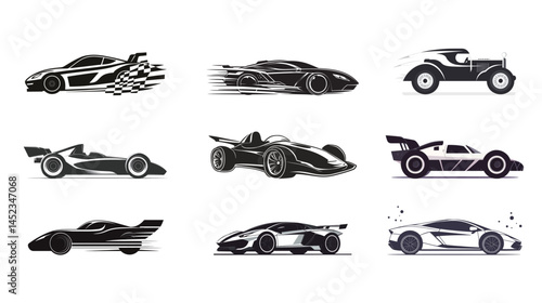 Black and white racing car vector graphic illustration, featuring sleek design and dynamic lines, capturing speed, power, and competitive energy in a minimalist style.
