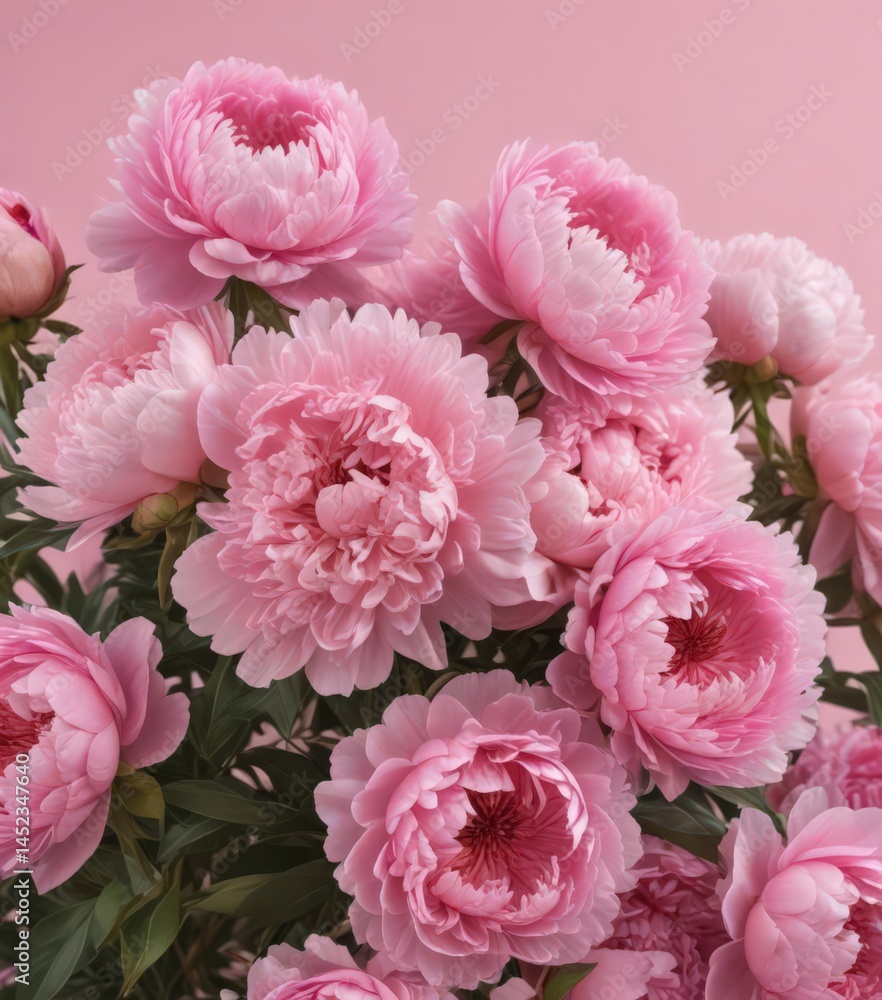 Fototapeta premium Dense cluster of pink peonies against a soft pink backdrop , spring, delicate