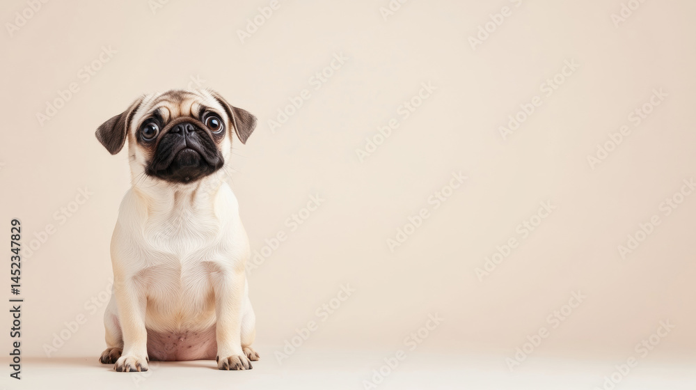 Obraz premium Curious Pug Dog Sitting White Background Animal Portrait Studio Environment Front View Playful Expression
