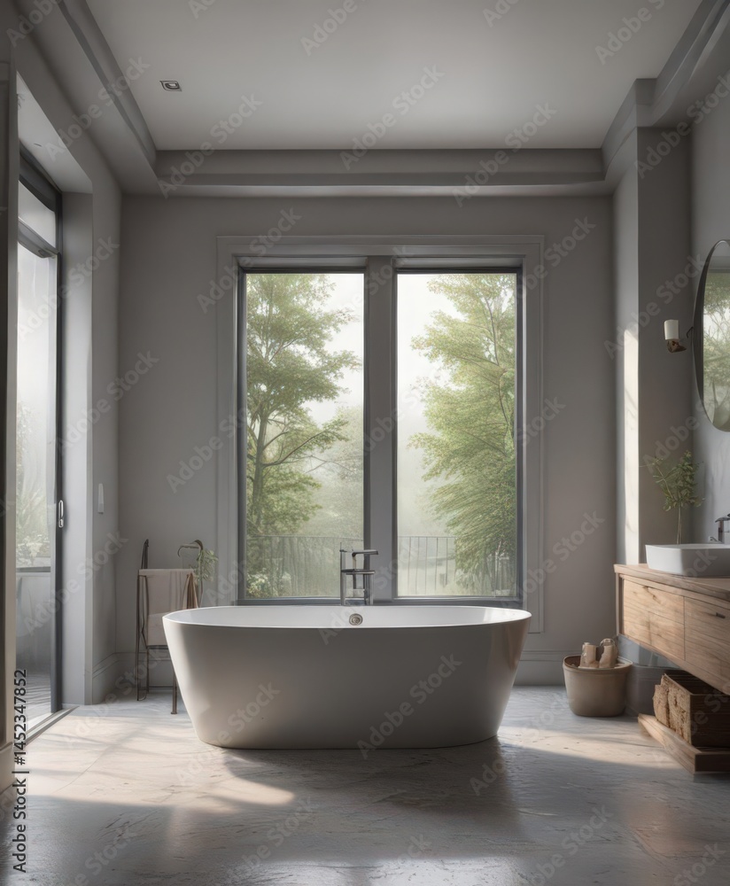 Calming grey tones, freestanding tub, natural light, clean, window, reflection Calming grey tones, freestanding tub, natural light, clean, window, reflection