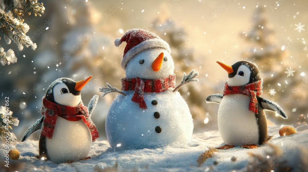 Festive winter scene with snowman and penguins. Festive winter scene with snowman and penguins.