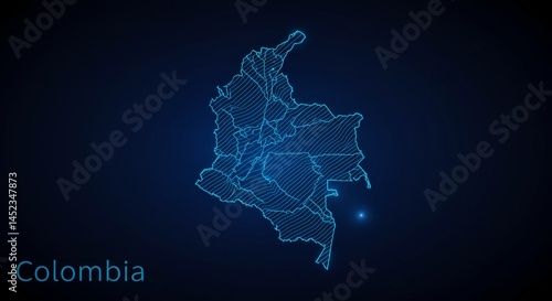 Futuristic cyan blueprint of the Colombia map on a dark blue gradient background