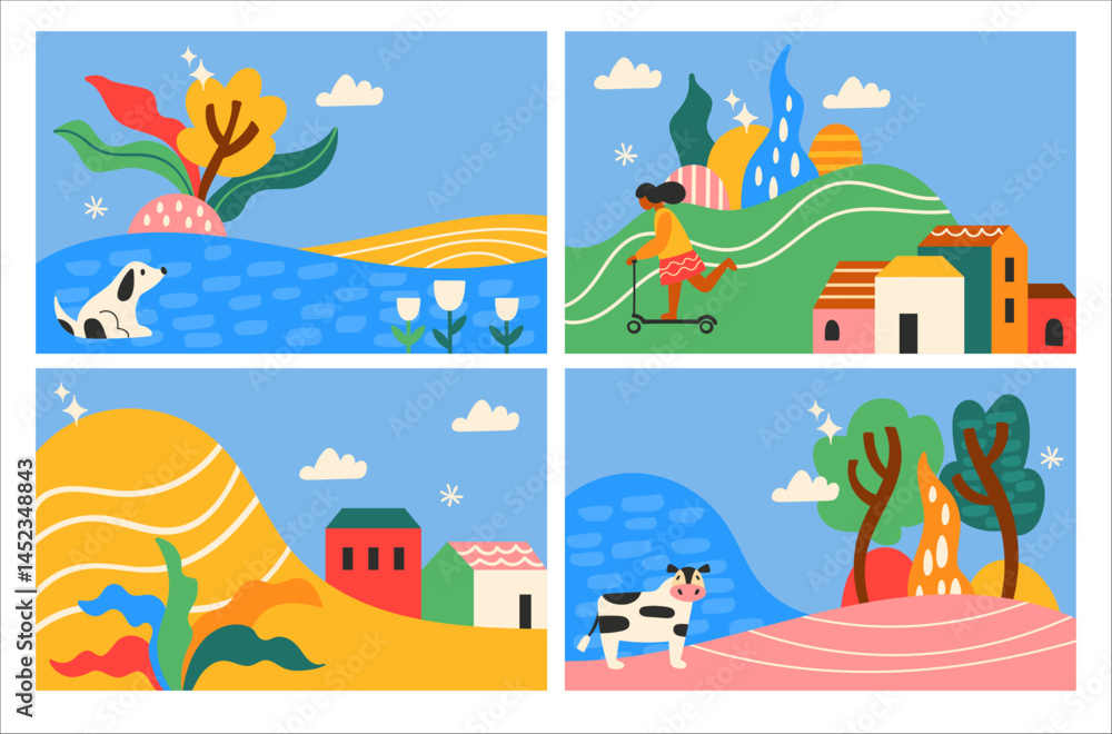 Naklejka premium Summer cute landscape background set. Childish print for greeting card, poster or banner design